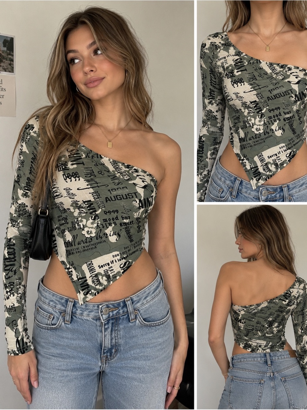 Edikted One Sleeve Asymmetrical Graphic Top XS Green Camo Y2K Streetwear